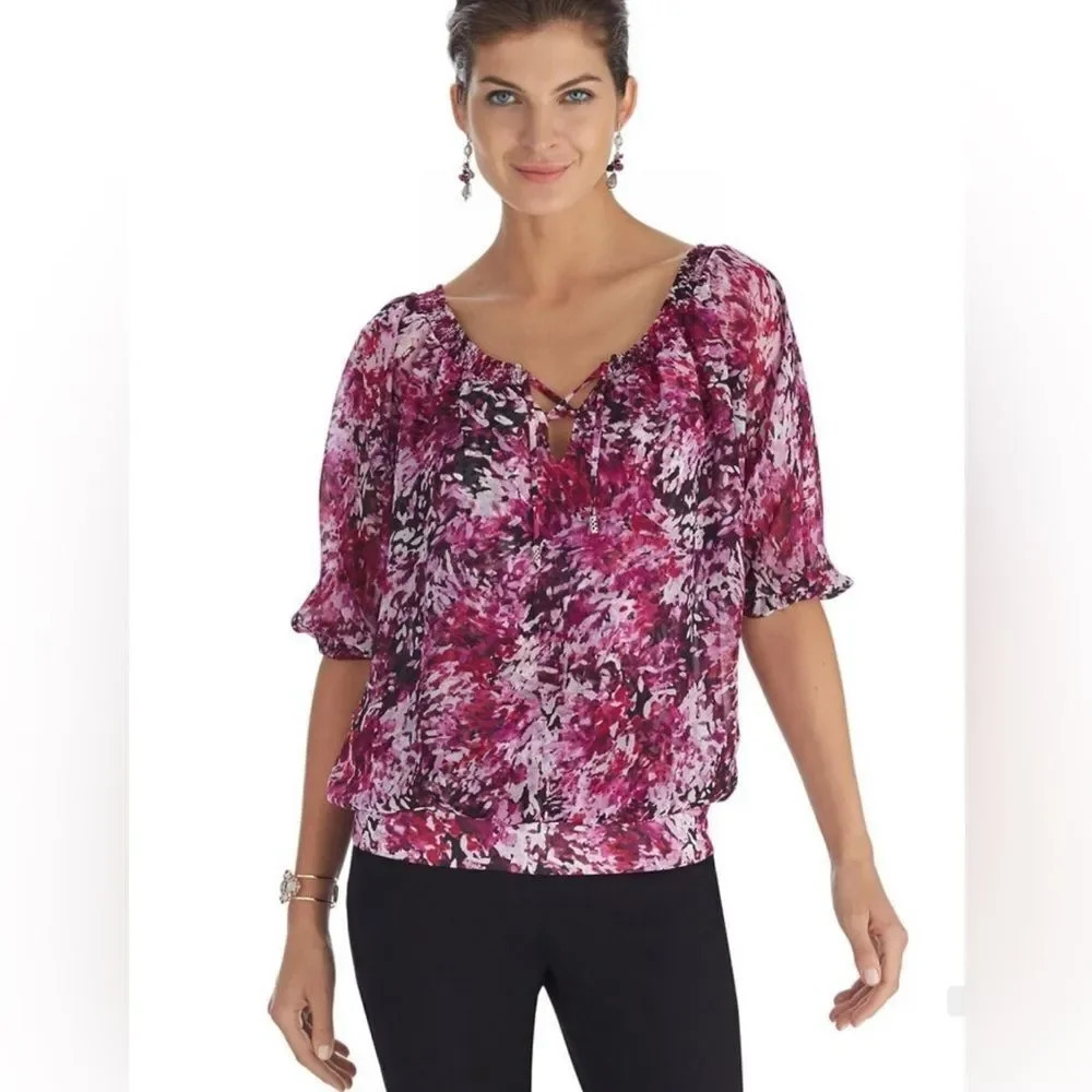 White House Black Market floral dolman sleeve smocked blouson blouse. Beaded tie